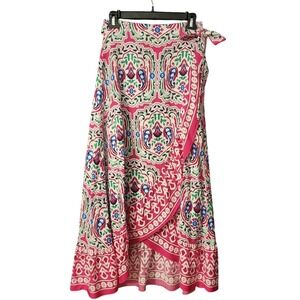 Cider Women Boho Wrap Skirt Pink Paisley Medallion Midi Ruffle Medium